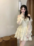 Summer Long Sleeve Elegant Mini Dress Lolita Pure Color Short Party Dress Woman Casual Sweet One Piece Dress Korean Fashion-Outfit
