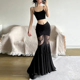 Fongt Summer New Women's Dark Wind Temperament Lace Stitching Perspective Large Swing Skirt-Outfit