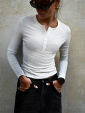 Buttoned Long Sleeve Solid Top-Outfit