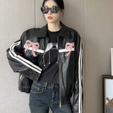 Fongt Women's Explosive Bow Zip Leather Jacket Jacket Casual