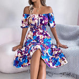 Spring And Summer Leisure Flowers Lead Short Sleeves To Close The Waist Lotus Leaf Side A Dress Women's