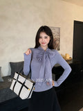 Fongt Xixi 2025 Autumn White Standard Korean Version Of Elegant Temperament Solid Color Tie With Thin Knitted Shirt Top Women 89543