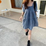 Girly Style Retro Square Collar Puff Sleeve Denim Skirt All-Matching Youthful-Looking Dress Women's Summer Denim