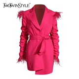 TWOTWINSTYLECasual Ruched Blazer Dress For Women Notched Long Sleeve High Waist Lace Up Bowknot Patchwork Tassel Dresses