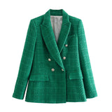 Fongt Women's Spring And Autumn Fashion Double Buckle Flowers This Lattice Suit Jacket Retro Long-Sleeved Pocket Suit Jacket