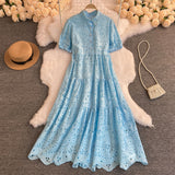 Version Dress Summer Lapel Hollowed-Out Embroidery Aging Bubble Sleeve Loose Medium And Long Bohemian Holiday Dress-Outfit