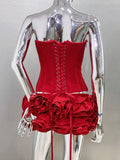 Red Lace Up Corset And 3d Flower Mini Skirt Two-Piece Set-Outfit