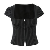 Striped Square Neck Short Sleeve Double Zipper Top-Outfit