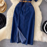 Fongt Luxury Famous Feudal High-Level Feeling Polo Collar Denim Dress Women Summer Fork Belt Design Niche Temperament Dress