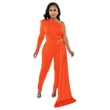 Fashion Women's Solid Color Diagonal Shoulder Cape One Shoulder Long Sleeve Trousers Jumpsuit-Outfit