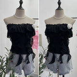 Real Shooting Pure Wind Lotus Leaf Side With A Word Shoulder Bra Small Vest Short Three-Dimensional Flowers Sleeveless Top