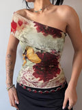 Fongt Cloth Forgets Ancient Butterfly Tie-Dye Print Shoulder Asymmetric Tsets Hottie Wind Tight Short T-Shirt