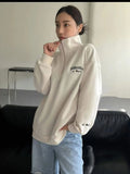 Fongt Women's Casual Half-Zip Embroidery Loose Long-Sleeved Eds