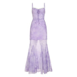 Fongt Chinese Chinese Light Green Shoulder Butterfly Print Fishtail Sling Skirt Sexy Hip Through Mesh Dress