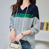 Loose Hooded Striped Blouse Women's Clothing Letter Knitted Patchwork 2023 Spring Autumn Casual Drawstring Pockets Shirt-Outfit