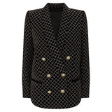 STREET 2022 Newest Designer Blazer Women's Lion Buttons Shawl Collar Classic Plaid Glitter Embellished Velvet Blazer
