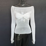 Through Mesh Crop Top Women Pullovers Strapless Short Knit Cropped Tops Ladies Tee Shirt Sexy Off-shoulder T-shirt-Outfit