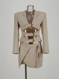 High-End Women's Suit Sexy Hollow With Long-Sleeved Top Irregular Tie Short Skirt