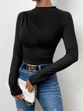 Fongt Summer Solid Color Round Collar Repair Shirt Bran Folding Design Women's Long-Sleeved Top