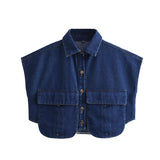 Fongt Women's Solid Color Big Pocket Sleeveless High Sense Cardigan Polo Collared Shirt Denim Top A19846