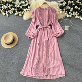 Fongt And Autumn New French Retro Hollow Hook Lace Spliced Lantern Sleeve Dress Strapped Waist Temperament Dress