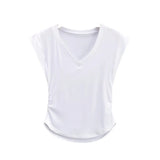 Trend Women's Vest Loose V-Collar Arc Hem Small Flying Sleeves Short Sleeves Solid Color Slim Pullover Pullover-Outfit