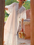Fongt And Summer Women's New French Embroidery Holiday Dress Women's Bubble Sleeve White Long Dress Women's