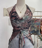 Real Shooting Holiday Wind Hanging Neck Collar Collar Tidling Strap Sling Vest Tie Mesh Yarn Short Sleeveless Top