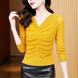 Photos Shinning Mesh Top Tshirt Women Pleated V Neck Long Sleeve Hot Pressing Ringstones Stretchy Tees T-Shirts-Outfit