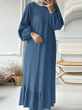 Fongt Muslim Women's Robes Spring And Autumn New Fashion Bubble Sleeves Retro Pocket Hem Side Dress