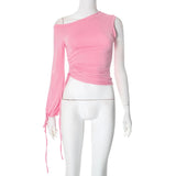 Pink One Shoulder Drawstring Top-Outfit