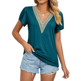 2023 New Gold Lace Lady V-Neck Tile Short Sleeve Solid Color T-Shirt Top-Outfit