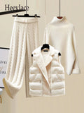 Warm 3 Piece Sets Womens Outfits Office Ladies Turtleneck Knitted Sweater+woolen Parkas Vest+wide Leg Knitting Pants