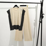 Fongt Simple Splicing Loose Short-Sleeved Knitting Top High Waist Thin Leg Pants Two
