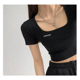 Fongt Collar Dew Collarbone Slim Bottom Shirt 2024 Summer New Short-Sleeve Crop Cord T-Shirt Student Short Jacket Female