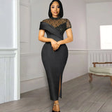 Fongt Large-Size New Round-Neck Lace Retro Dress Lotus Side Short-Sleeved Performance Costume Blackdress