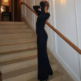 Blue Bodycon Long Sleeve Backless Maxi Dress-Outfit