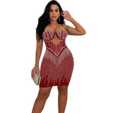 Fashion Women's Solid Color Mesh Diamond Halter Short Dress-Outfit