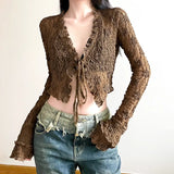 Fongt Wind Texture Sense Lace Stitching Strap V-Neck Cardigan Top Light Smock Long Sleeves-Outfit