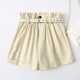 Women Elegant Solid High Waist Shorts with Belt Pockets Female Retro Basic Casual Shorts Pantalones