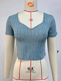 Summer New V-Neck Solid Color Short Sleeve Slim Short T-Shirt Women-Outfit