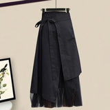 Women Summer korean two pieces set for women streetwear off the shoulder striped patchwork blouse and irregular mesh skirts