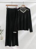 Knitted Sets Tracksuit Women V-Neck Long Sleeve Pullover High Waist Wide Leg Pants Casual 2 Piece Sets Womens Outfits-Outfit