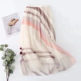 Fashion Patchwork Striped Print Pleated Skirt Elegant Office Lady Commute All-match Elastic High Waist Tulle Midi Skirts-Outfit
