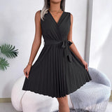 Shooting Spring And Summer Temperament Cross V Neckless Sleeveless Waist 100 Fold Dress Women's