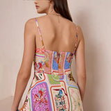 Fongt Women's Suspension Printed Vacation Style Sleeveless Dress Lace Decoration 8109