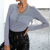 Casual Blue and White Striped T-shirt Long Sleeve Sexy V neck Buttons Loose Office Lady Pullover Tops 2021 Autumn