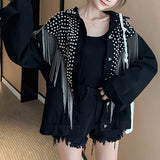 Clothing Stylish Tassel Beading Jackets Spring Autumn Korean Long Sleeve Lapel Casual Loose Single-breasted Denim Coats-Outfit
