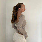 Fongt Low Round Collar Sexy Back Striped T Shirt Women's Slim Knit Long Sleeve Bottom Top-Outfit