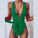 Solid Red One Piece Swimsuit Women Push Up Lace Up Bandage Bodysuit Brazilian Deep V Neck Backless Bathing Suit